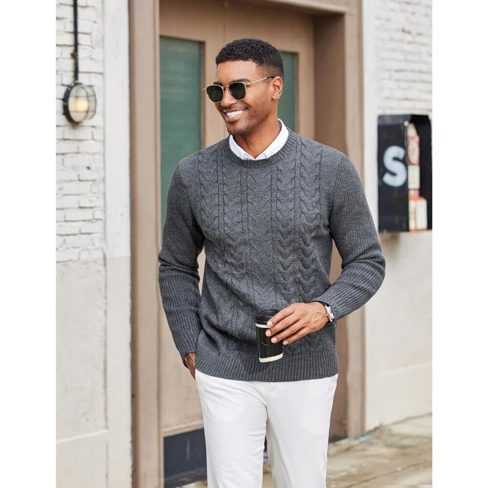 Coofandy Men Dark Grey Crewneck Pullover Twist Textured Fisherman Sweater - Picture 3 of 5